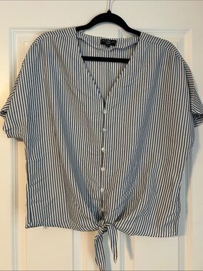 Woman Within Blue and White Striped Tie-Front Button Shirt